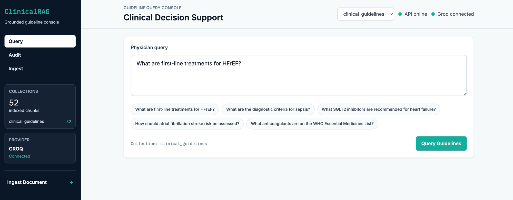 ClinicalRAG query console showing an answer, grounding score, and supporting guideline sources